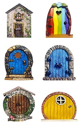 TOMYEUS Gartenskulpturen Gartendekoration Holz Miniatur Feen -Elf Fenstertür Elf Haus kreativer Gartenkunst Skulpturen Gartendekoration Outdoor Fairy Elf Tür Handwerk Kit Gartenstatuen Im Freien