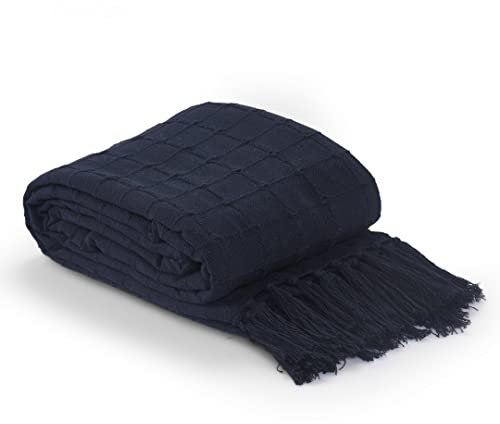 La Maison 100% Indian Cotton Large Batten Throwover Sofa Throw Bed Throw Woven Handloom Tassel Armchair Decorative Blanket (Navy, 127cm x 152cm / 50 x 60)