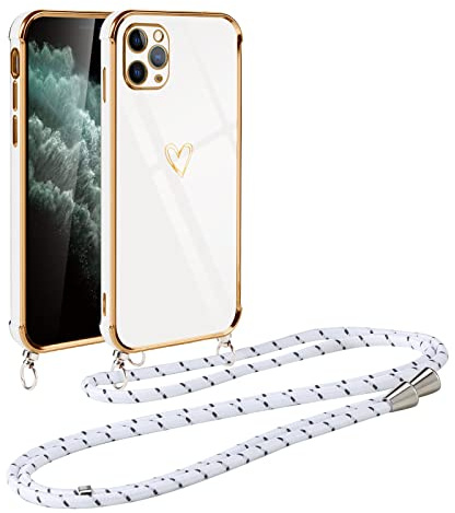 Vauki handyband für iPhone 11 Pro Hülle mit Band, Handyhülle mit Kette, Herz Motiv, Ultra Dünn Stoßfeste Aesthetic Case mit Kordel zum Umhängen für iPhone 11 Pro 5.8 Zoll, Weiß