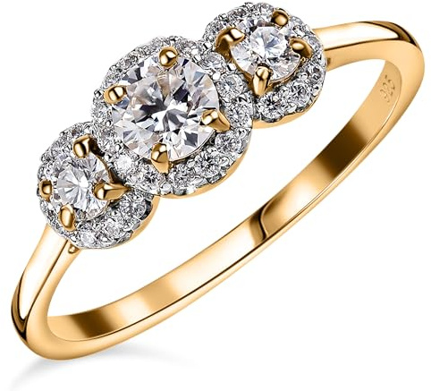 Bague de fiançailles TJC en moissanite pour femme en design halo trilogie plaqué platine et or avec bague de mariage en argent sterling 925 pour dames avec boîte cadeau, U, Argent sterling, Moissanite