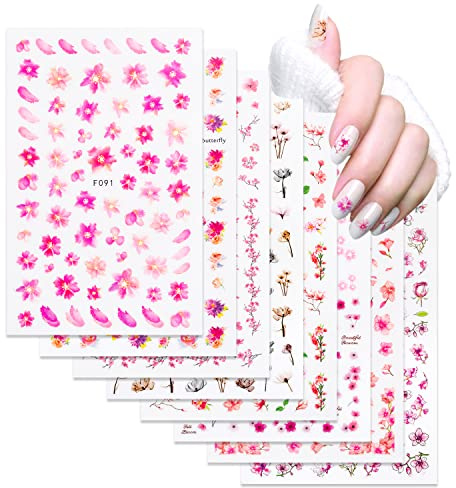 8 Blatt Nagelsticker Selbstklebend Blumen Set, Rosa 3D Blume Nail Art Stickers NagelDesign Nagelaufkleber Fingernägel Nail Art Nagel Tattoos Dekoration Nägel Kunst Aufkleber für Frauen Mädchen Kinder