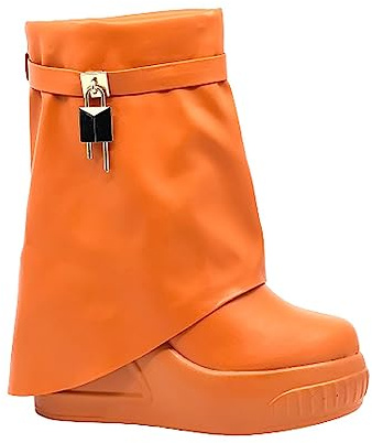 Liliana Women Round Toe Wedge Heel Fold Over Mid-calf Boots Brook-1 Orange Pu 10