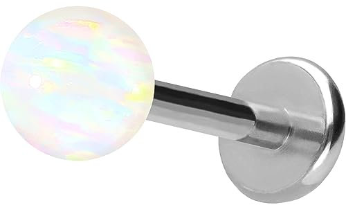 PIERCINGLINE Titan Labret mit Push Fit WEISSE SYNTH. OPAL KUGEL Piercing Ohr Helix Tragus Conch Silberfarben 1,2x6x4 mm