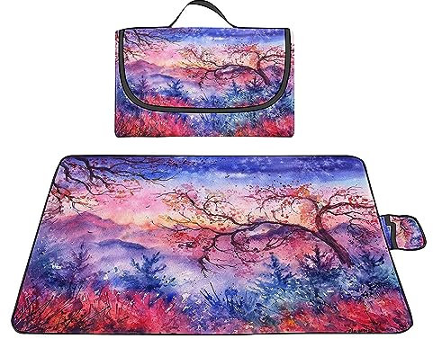 Picknickdecke 200x300cm,XXL Picknickdecke mit Wasserdichter Unterseite,Outdoor Stranddecke Sandfrei,mit Tragegriff Faltbare Picnic Blanket für Camping,Strand,Familie,Konzerte Aquarell Landschaft Baum