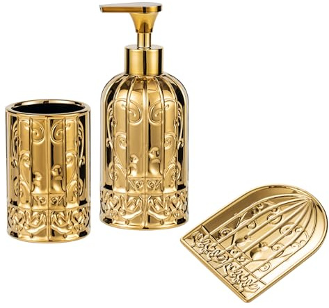 Ensemble d'accessoires de Salle de Bain dorés, décoration de Salle de Bain Moderne. Distributeur de Savon doré, Porte-Savon et gobelet, Ensemble d'accessoires de Salle de Bain en Forme de Cage à