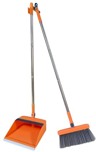 YGNNBC Questo set di paletta e scopa con manico lungo è uno strumento versatile con una scopa girevole antivento e un manico lungo per soluzioni di pulizia efficaci (arancione)
