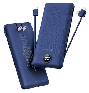 VEGER Portable Charger with Built-in AC Plug and Cables, All in One 10000mAh Ultra Slim Power Bank Travel Essentials, Fast Charging Battery Pack Compatible with iPhone, Samsung, Android (Navy)
