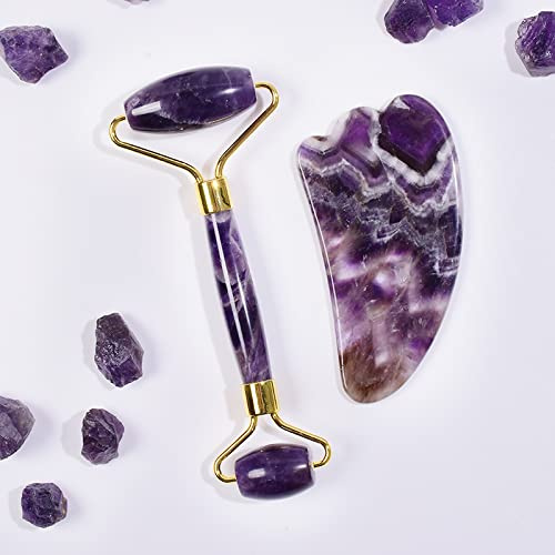 Amethyst-, Naturstein-Gesichtsroller, Gua Sha-Werkzeugset, Kratzkristallmassage, 2-tlg Raumdekoration