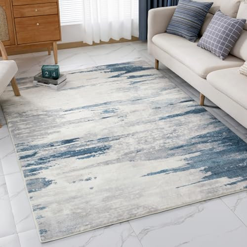 VK·LIVING Upgraded 16mm Thick Sponge Large Rug Modern Abstract Non-slip Soft Medium Pile Area Rugs for Living Room Bedroom Office Blue&Grey 160X230CM