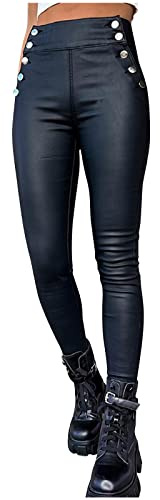 Keepink Faux Leather Trousers for Women UK Ladies Pu Butt-Lift Pants Stretchy High Waisted Legging Sexy Waterproof Trousers Tight Slimming Solid Color Buttons Leggings