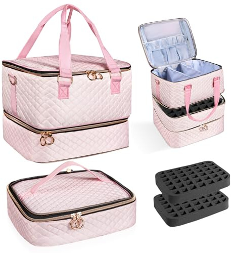 Nail Polish Organizer Case - Holds 84 Bottles Nail Polish & Nail Lamp Large Nail Polish Organizer Bag for Manicure Tools, Nail Polish Kit (Pink)