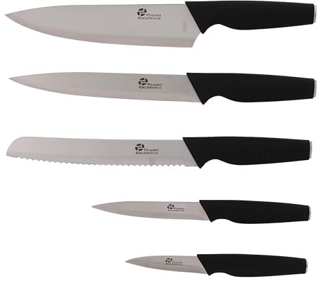 Pradel Excellence - Set de 5 Couteaux de Cuisine - Lames en Acier Inoxydable - Manches Soft Touch Noirs - Couteau Chef, Pain, Découper, Utilitaire, Office
