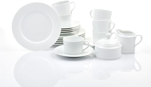 Heike Weiss Kaffeeservice 20-teilig komplett mit Milch & Zucker, Porzellan | zeitloses Kaffee-/Tee Komplettset für 6 Personen mit Milchgießer und Zuckerdose, perfekt für daheim, Familienfeste, Büro uvm.