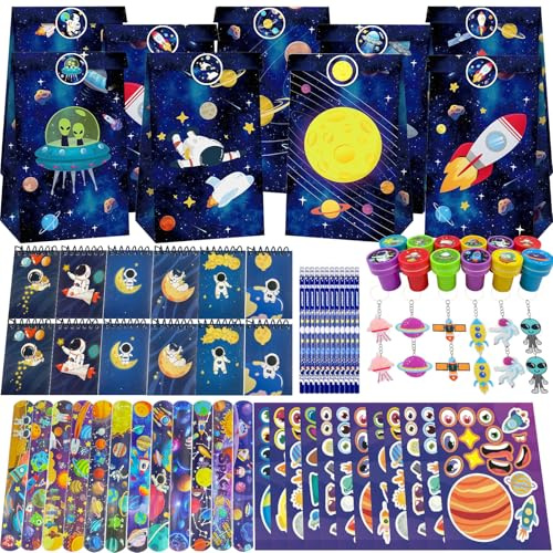 NlsqEU Ensemble de sacs de fête d'anniversaire pour enfants spatiaux, Sacs Cadeaux, Carnet, Tampons, Porte Clef, Slap Bracelets, DIY Stickers, jouet pour anniversaire d'enfant, décoration spatiale