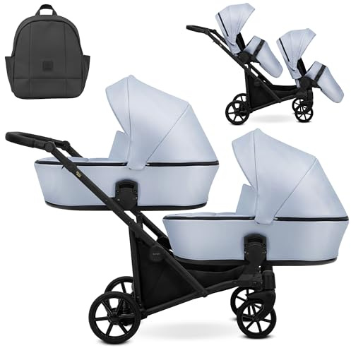 Kunert Brav Duo 2-in-1 BBtwin Duo Zwillingskinderwagen aus Kunstleder, zweiteiliger Zwillingskinderwagen mit Babywannen und Stühlen aus Kunstleder (babyblue)