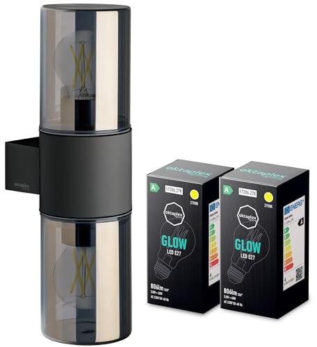 Oktaplex Puno Dos Aluminium Außenlampe Wand IP44 Rauchglas Anthrazit 230V | inkl. 2 Stk. E27 2700K Warmweiß 806lm 3,8W LED Glühbirne, Outdoor Lampe