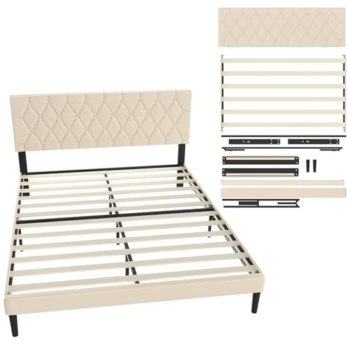 UISEBRT Sängklädsel, 160 x 200 cm – sängram med knappar, plattformssängram med vadderad sänggavel, stöd för träribbor, dubbelsäng för vuxna, modern design (beige)