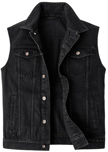 Harbrosrce Men's Denim Vest Gilet Casual Vintage Biker Sleeveless Jacket Cowboy Jeans Waistcoat Pockets Outwear,A-Black Wash,L