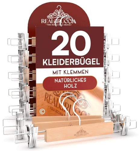 20 Hosenbügel aus Holz mit Klammern Kleiderbügel 13x33cm Röcke Jeans - RealGruccia Polierte Ausführung - 360° Drehbarer Haken aus Widerstandsfähigem Metall und Platzsparende Verstellbare Clips Stabil