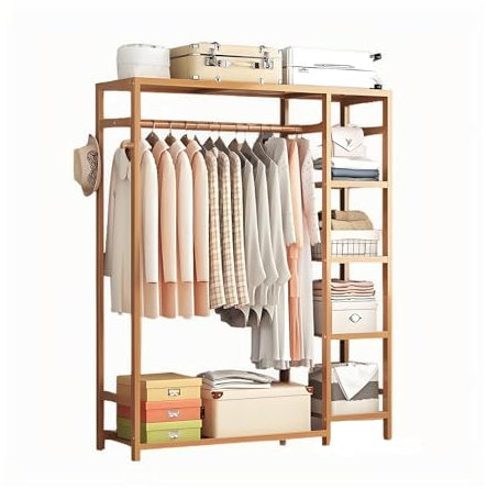 JF HOME BLISS Bamboo Clothes Rail Garment Rack 147x90x30cm Open Wardrobe with 4-Tier Storage Shelves Natural Wood Clothing Hanging Stand for Bedroom Living Room & Entryway