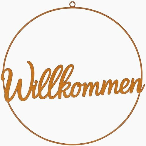 khevga Metall Türkranz Willkommen Ø 40 cm – Rost Deko Schriftzug für Eingang Haustür Garten – runder Kranz zum Aufhängen