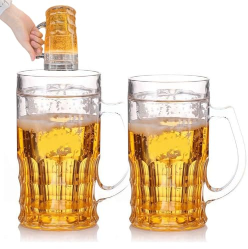 Fake Beer Glasses,400ml Double Layer Funny Beer Stein,Plastic Fake Double Fake Beer Mugs with Handles Mezzanine,Large Capacity Funny Prank Drinking Cup,for Bar Beverages,Prank and Parties (2pcs)