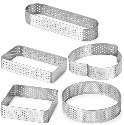 Hperu Ensemble de moules à gâteaux en acier inoxydable, 5 pièces, moules de cuisson en forme cœur, ronds, ovales, rectangulaires et carrés avec trou latéral pour tartes