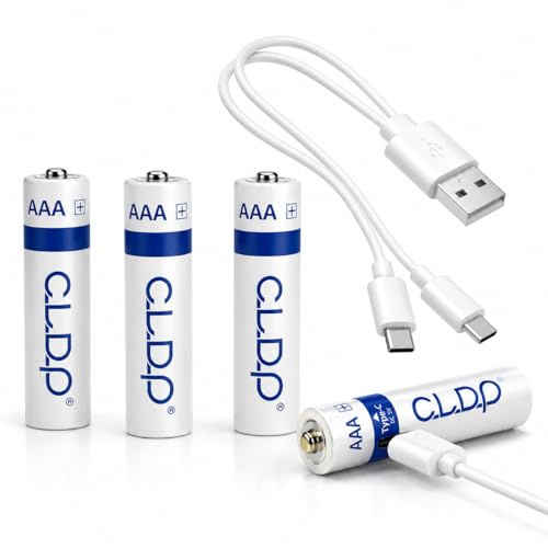 CLDP Lot de 4 piles AAA rechargeables USB 1,5 V 750 mWh | Charge rapide de type C | Puce de sécurité intelligente | Longue durée de vie 1000 cycles | Indicateur LED | Batterie lithium-ion rechargeable