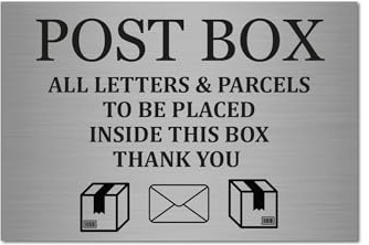 Post Box Letters and Parcels Sign, Brushed Aluminium, 15 x 10 cm | Metal delivery notice, adhesive stickers included, suitable for post boxes, letterboxes, front doors, gates and walls