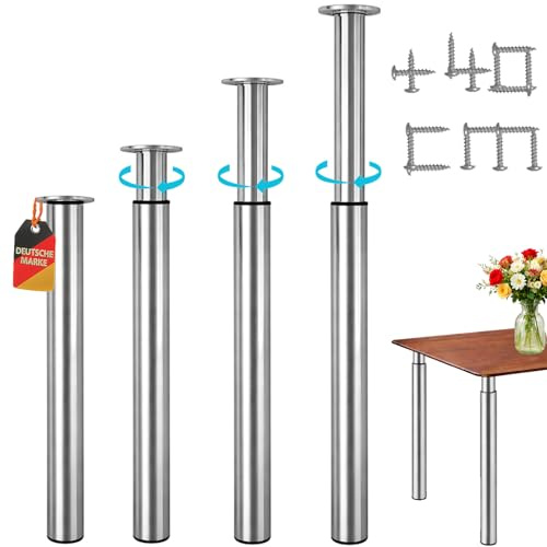 Stahlia höhenverstellbare Tischbeine 70–110 cm, Ø60 mm, stufenlos verstellbar 4er Set aus VA V2A Edelstahl Nicht rostend, bis 200 kg, Tischfüße für Esstisch & Schreibtisch Schrauben & Bodenschutz