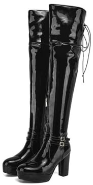 WOkismD Stivali da Donna sopra Il Ginocchio in Pelle Verniciata 10CM con Tacco Largo, Plateau, Fibbia Decorativa e Chiusura Posteriore con Lacci,Nero,47 EU