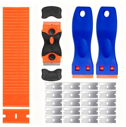 Sinaya 2PCS Plastic Scraper Set with 100 Replacement Blades, Non-Scratch Multipurpose Scraper Tool for Removing Labels Decals Adhesive Residue, Glass Car Window Cleaning Tool
