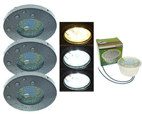 Trango 3er Set IP44 Einbaustrahler in Nickel matt 6729IP-032M36K inkl. 3x Lichtfarbe-Steuerung LED Modul dimmbar & Farbtemperatur-steuerbar 3000K/4000K/6000K nur 3cm Einbautiefe Bad Dusche