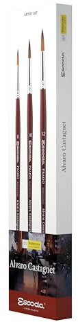 ESCODA Set 3 Aquarellpinsel - Nr. 8, Nr. 10, Nr. 12 Rund Spitz Kunsthaar Set 1 Alvaro Castagnet Serie Prado Profesionell Handgefertigt in Barcelona.