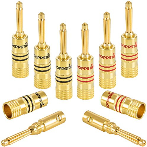 Poppstar 8x High End Banana Plug, Bananas for speaker cable (up to 4 mm²), Speaker, AV Receiver, 24k gold plated (4x black, 4x red)