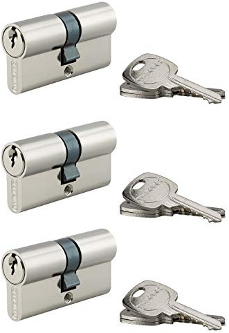 THIRARD - Cylindre de Serrure Double Entrée STD - Laiton Nickelé - Lot de 3 - Mécanisme à 5 Goupilles - Panneton Anti-Arrachement - 3 Clés Crantées - 30 x 30 mm - Gris