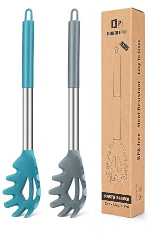 BUNDLEPRO 2er Silikon Spaghettilöffel Set, Hitzebeständiger Nudellöffel Server für Küche, BPA freie Spaghettisieb, Beste Kochutensilien