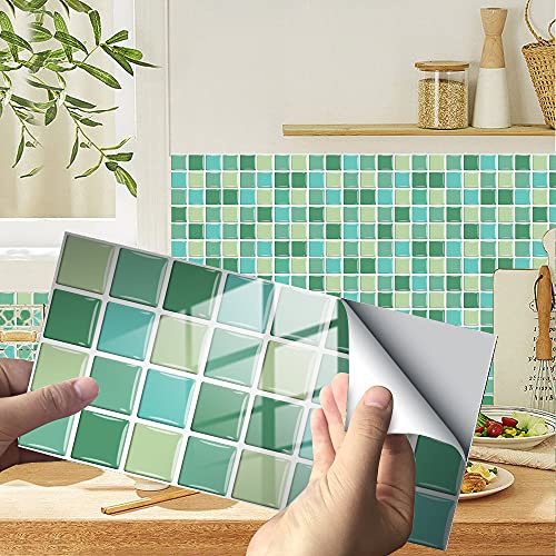Hiseng 24/48 Piezas Rectángulo Adhesivos Decorativos Azulejos Pegatinas para Baldosas del Baño, Mármol Mosaico Estilo Cocina Resistente al Agua Pegatina de Pared (Verde Mosaico,48Piezas)