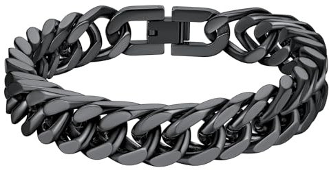 Richsteel 12mm breit 21cm lang Cuban Armband Hip pop Kubanische Armskette Schwarz Panzerarmband Punk Gliederarmband für Herren Männer