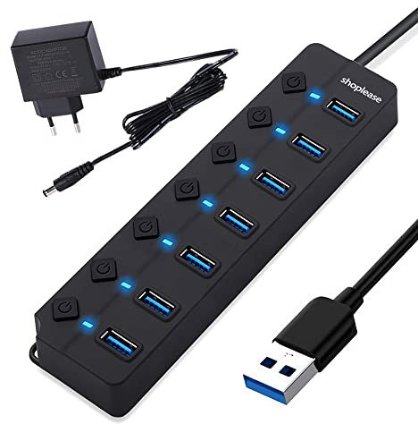 USB 3.0 Splitter mit 5 V/2 A Adapter, USB-Verlängerung mit individueller EIN-/Aus-Schalter, tragbarer Erweiterungsdatenhub…