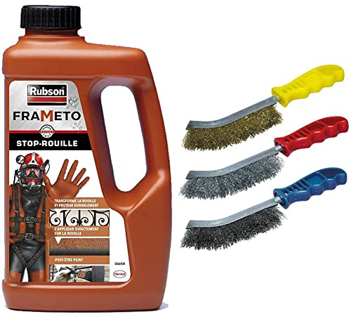 Rubson Frameto Stop-Rouille, Traitement antirouille pour intérieur et extérieur, noir, 1 L & wolfcraft 2138000 Jeu de brosses Métalliques - Longueur 125 mm x Largeur 30 mm - 3 pièces