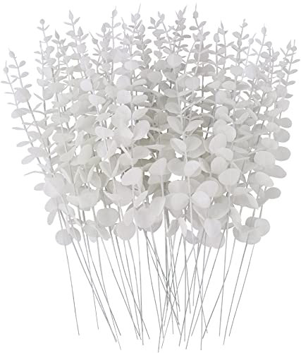 FEQO 36 Pcs Eucalyptus Stems Artificial Eucalyptus Leaves 15 Inch Faux Eucalyptuses Branches for Wedding Bouquet Home Decor, White