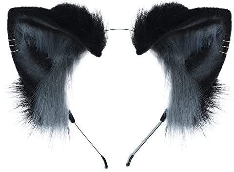Dodheah Katzenohren Haarreif Fuchs Wolf ohren Stirnband Haarnadel Haarschmuck Halloween Weihnachten Kostüm Anime Cosplay Damen Schwarzgrau