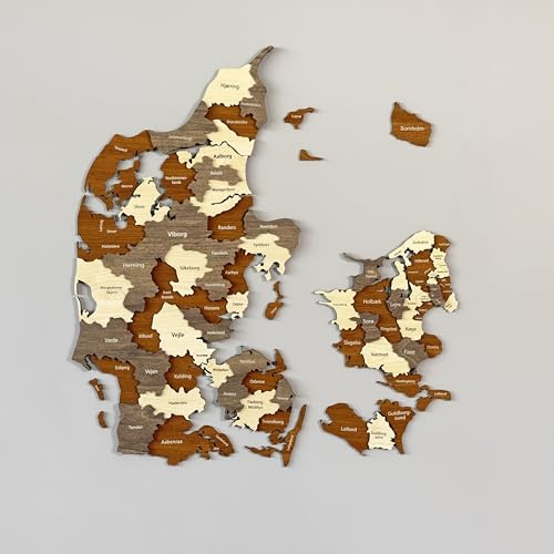Colorfull Worlds Mehrlagige 3D-Dänemark-Karte aus Holz, Geschenk für dänische Freunde, Dänemark Holzwanddekoration, Karte für Reisende (100 x 83 cm)