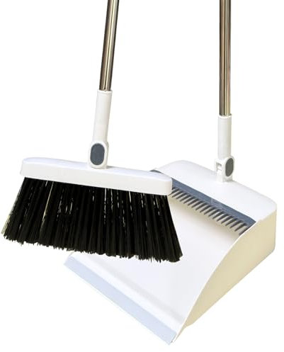 Roellgs Broom dustpan set with comb teeth windproof vertical long handle broom kit dustpan set household cleaning sweep (White)