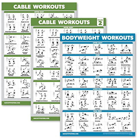 Palace Learning – 3er-Pack Kabelmaschinen-Workout-Poster Band 1 & Band 2 + Körpergewicht-Übungstabelle (laminiert, 45,7 x 61 cm)