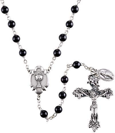 Elysian Gift Shop First Communion Italian Boys Rosary with Black Glass Beads, Oxidized Silver Grapevine Crucifix and Centrepiece with Chalice and Host Design