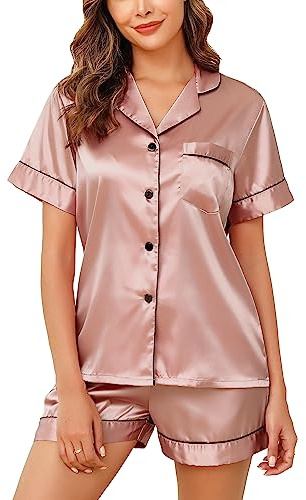 Lovasy Silkespyjamas för kvinnor, klassisk satinpyjamas med knäppning, tvådelad pyjamas för kvinnor, set, nattkläder, myskläder