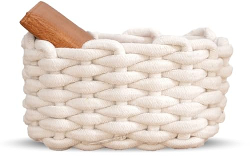 WOOXGEHM Petit Panier de Rangement en Corde de Coton, Corbeille À Papier Toilette Minimaliste Blanche, Panier de Rangement de Bureau pour Clés, Portefeuilles, Bijoux, Cosmétiques et Petites Pièces