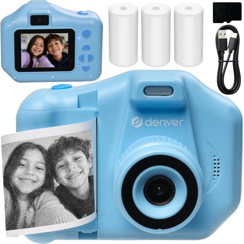 Denver KPC-1370BU Sofortbildkamera für Kinder mit 2,8 Display | Sofortdruck Kamera für Kinder | Kinderkamera mit Thermodruck & 64GB Karte | Spiele | Selfie-Linse | 20 Rahmen | 3 Papierrollen
